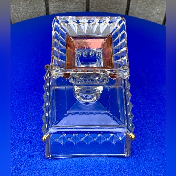 Mid Century Vtg Jeanette Gold Trim Cut Glass Pedestal Wedding Bowl Candy Dish - Picture 11 of 16